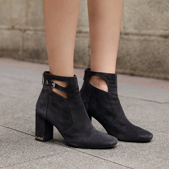TOGA Pulla Black Suede Heeled Boots Booties EU 39 US 9 Zippered Buckle Cutout - Picture 1 of 10